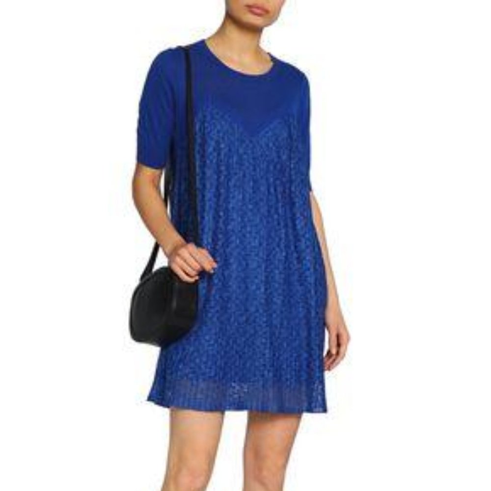 SANDRO Floral Lace Pleated & Mini Dress Egyptian Blue